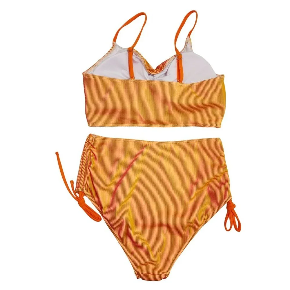 Orange & Yellow Striped High-Waisted Bikini Set Swimsuit Ruched Top Size L
